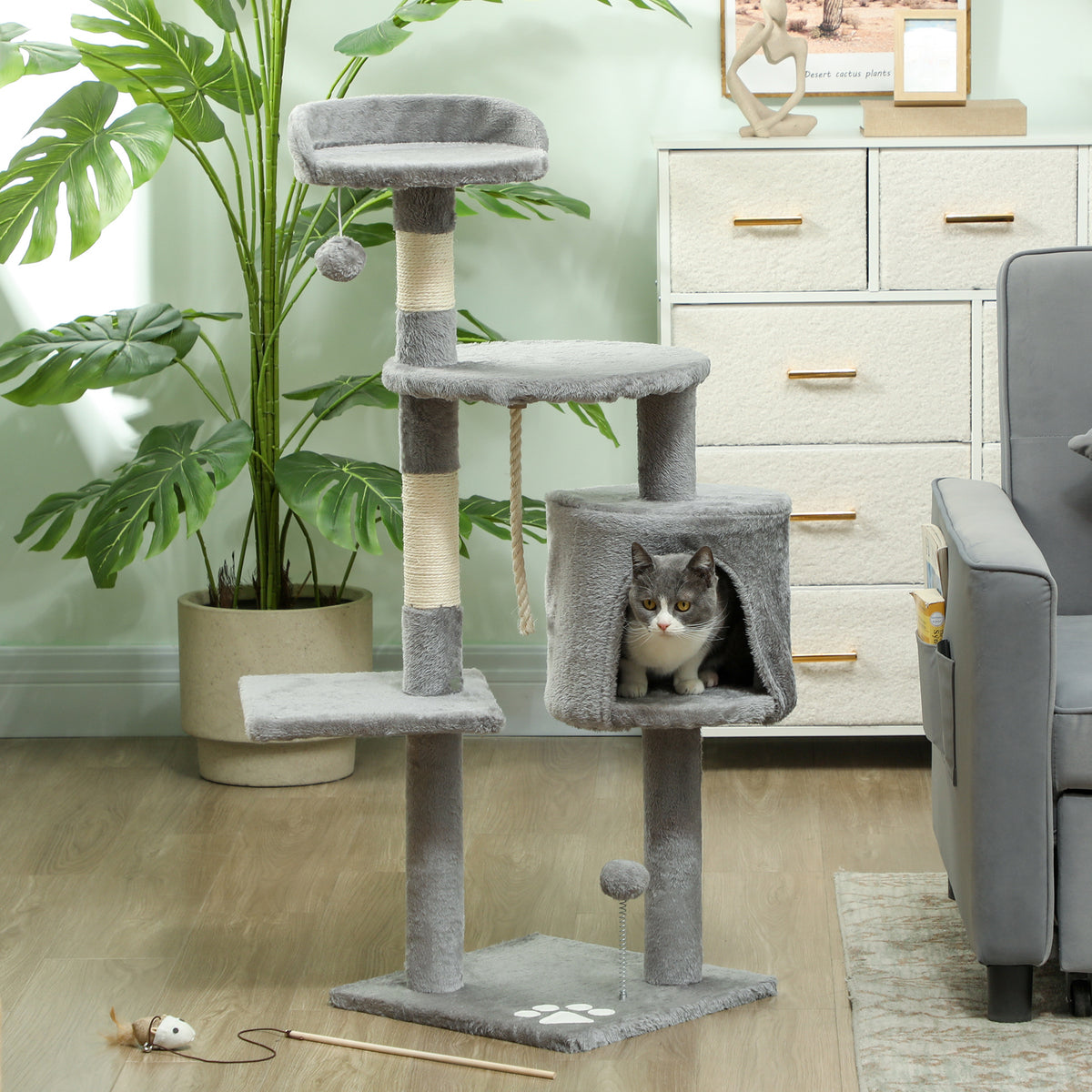 Arbre à chats multi-équipements griffoirs grattoirs plateformes niche corde jouets 40 x 40 x 114 cm gris