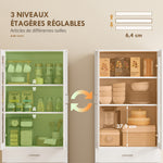 Buffet haut cuisine, armoire de cuisine, 4 portes dont 2 en verre, tiroirs, étagères réglables, 60x35x180cm, blanc