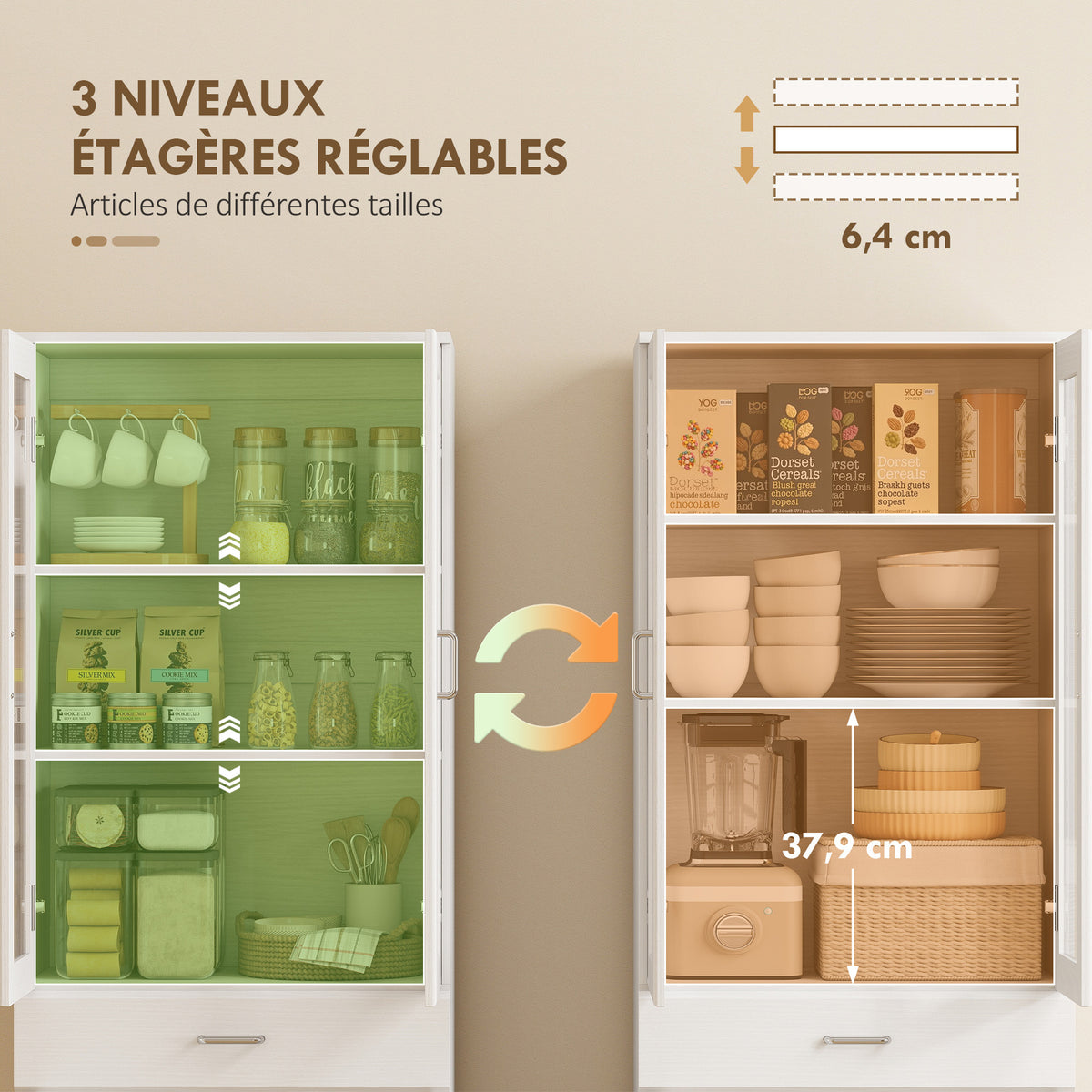 Buffet haut cuisine, armoire de cuisine, 4 portes dont 2 en verre, tiroirs, étagères réglables, 60x35x180cm, blanc