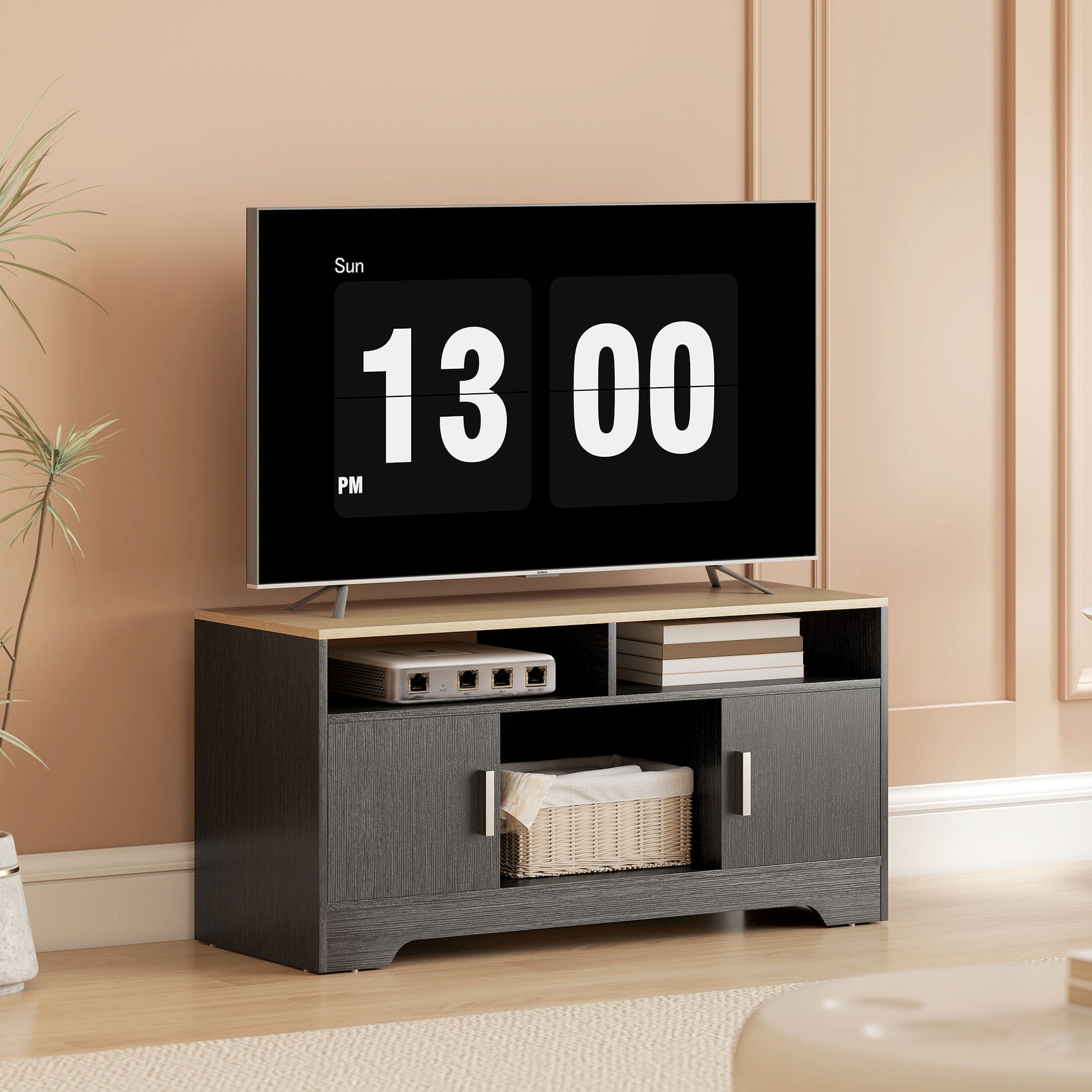 Meuble TV banc TV en bois avec 2 niches 2 armoires à porte une armoire ouverte 105 x 40 x 52 cm effet bois noir