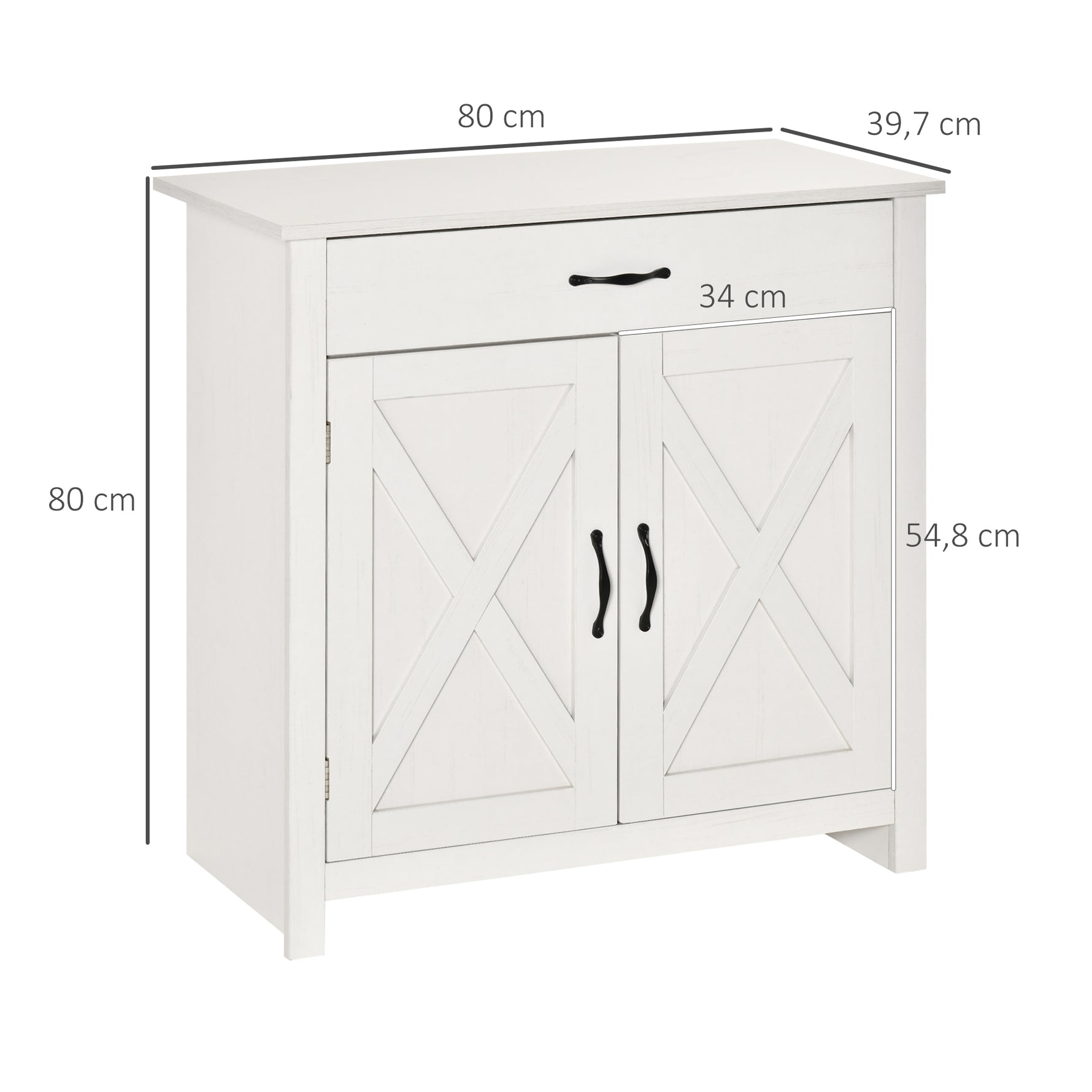 Buffet salon, meuble de rangement avec tiroir, 2 portes de grange et étagère réglable, 80 x 39,7 x 80 cm, blanc