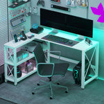 Bureau d'angle modulable réversible, bureau avec rangement, étagère de rangement, cadre en métal, 135x110x75cm, blanc