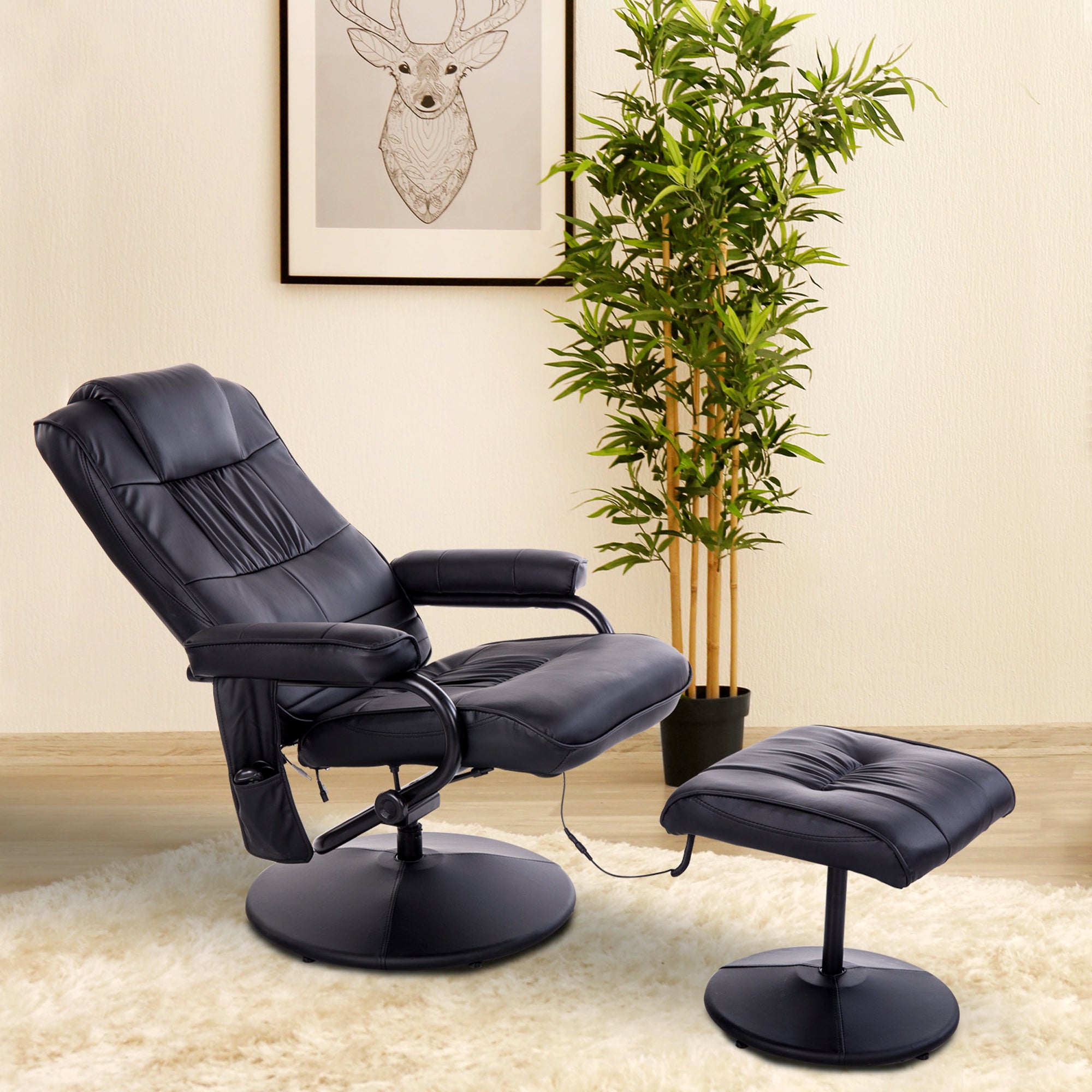 Elektrischer drehbarer Massage- und Relaxsessel mit Liegefunktion, Fußstütze und schwarzem Kunstlederbezug