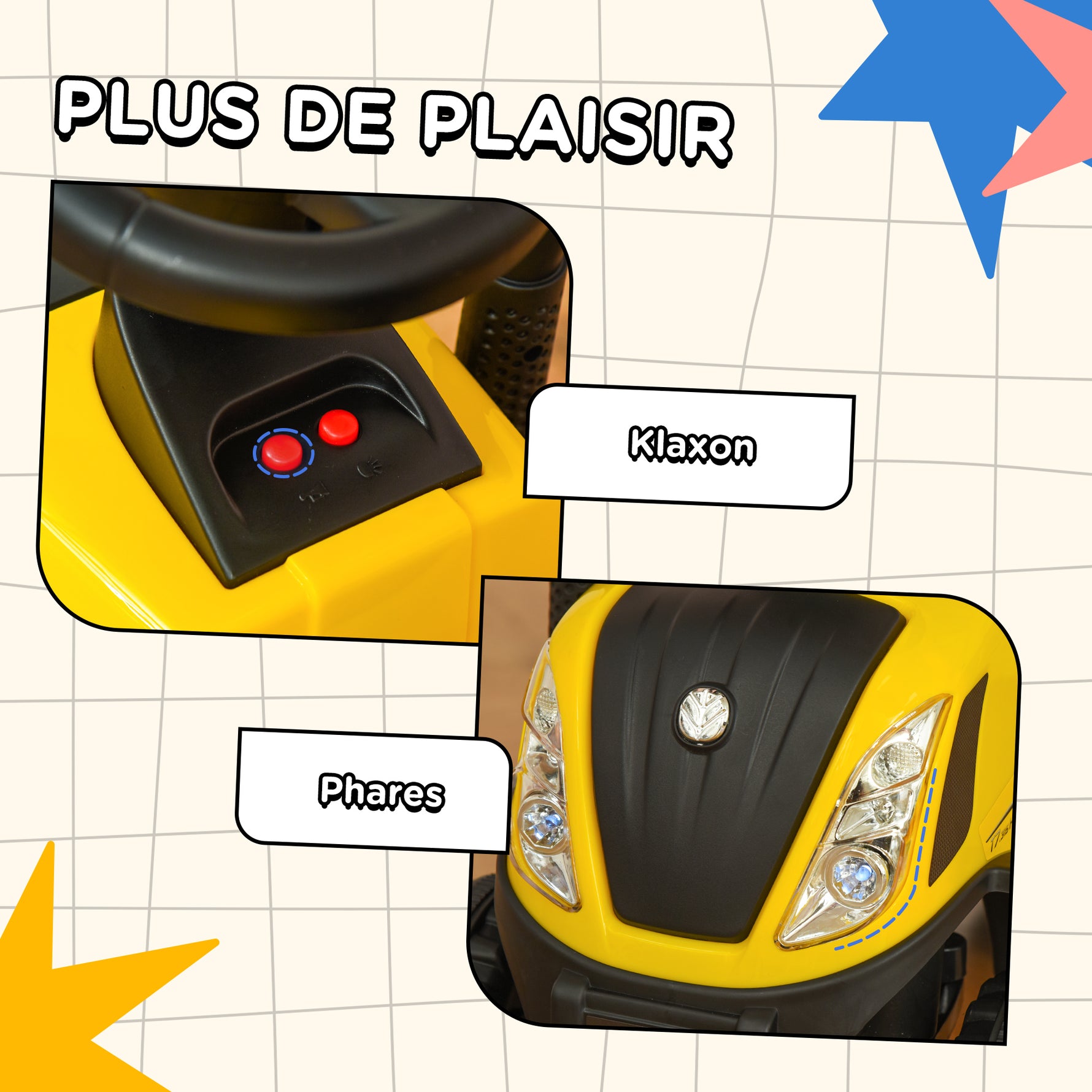 Porteur tracteur enfants avec coffre amovible, râteau et pelle, voiture enfants avec lumière LED et klaxon, jaune