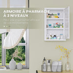 Armoire à pharmacie murale en acier, armoire à médicaments à 3 niveaux porte verrouillable 2 clés, 30x14x46cm, blanc