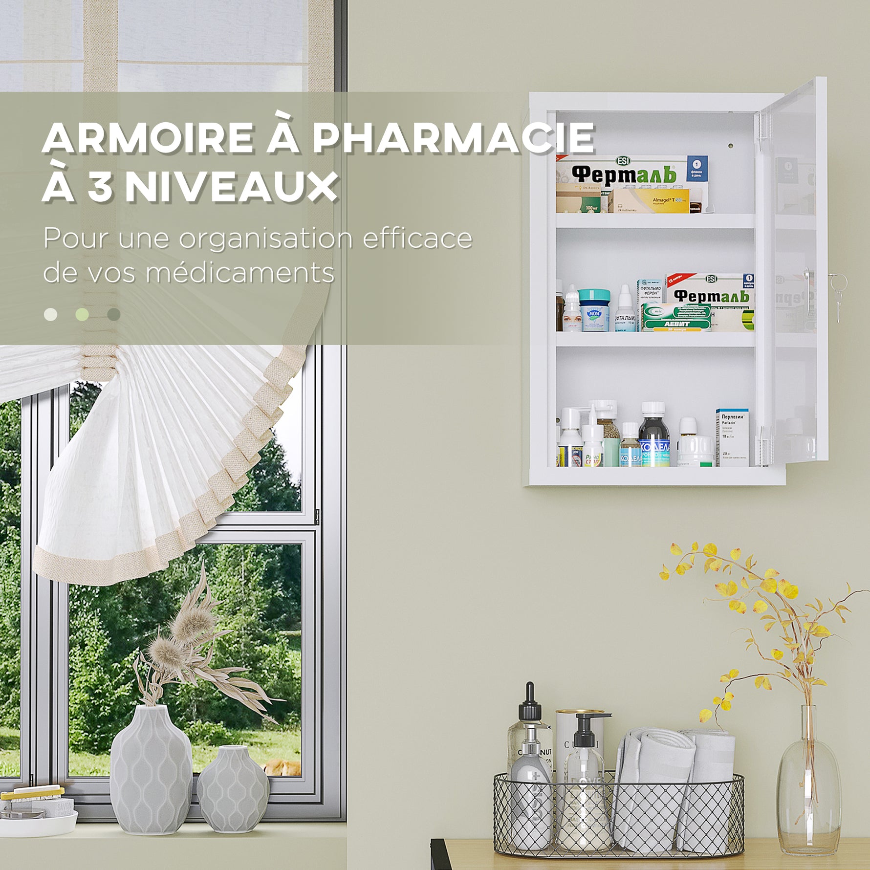 Armoire à pharmacie murale en acier, armoire à médicaments à 3 niveaux porte verrouillable 2 clés, 30x14x46cm, blanc