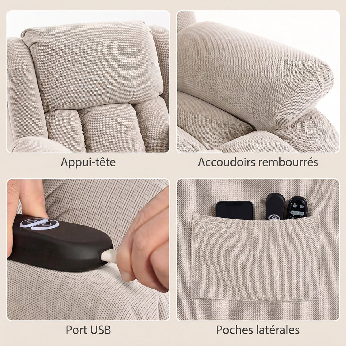 Elektrische sta-op-stoel, massage en verwarming, voetensteun, verstelbare rugleuning, afstandsbediening, 93x104x100cm, beige