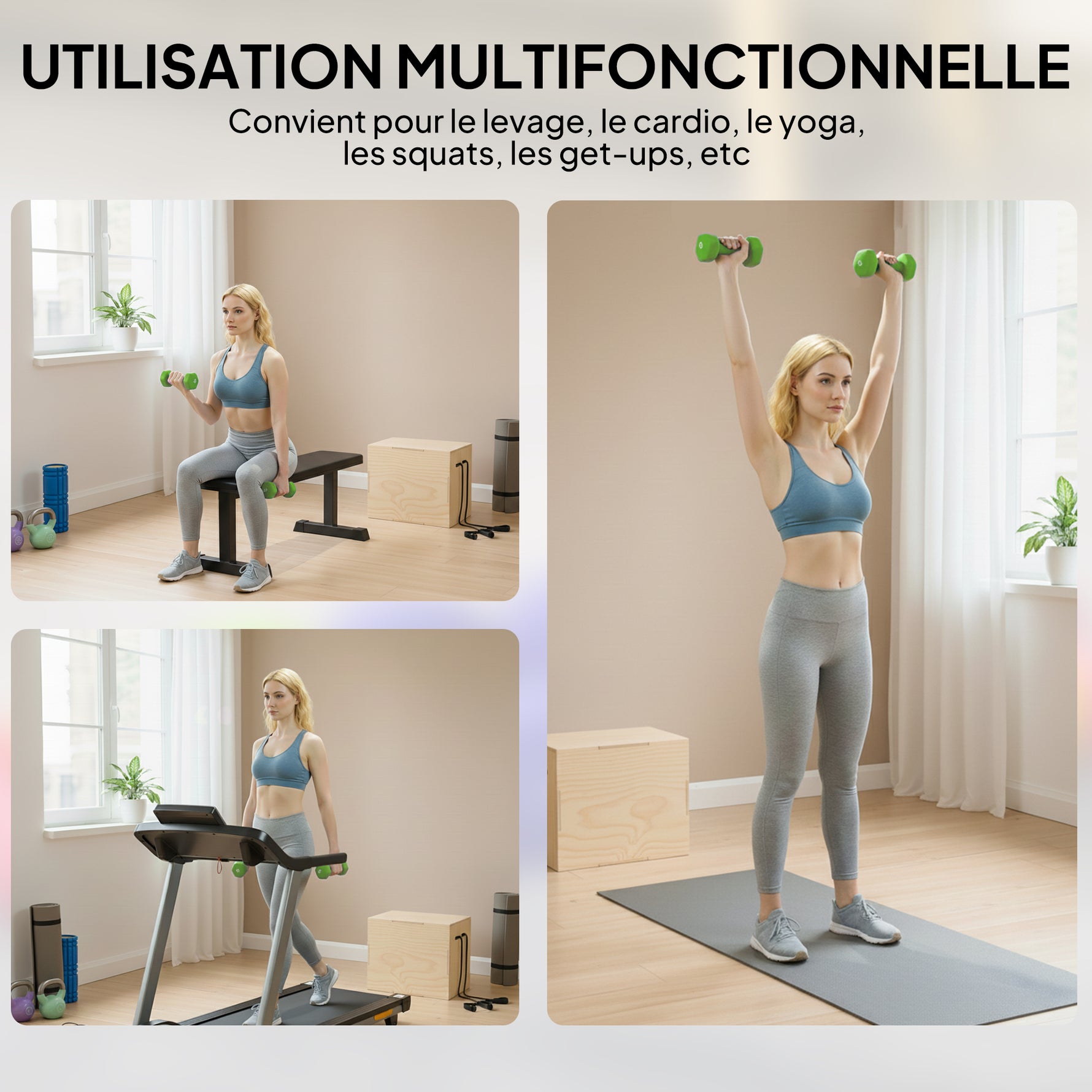 Ensemble d'haltères hexagonaux total 20 kg lot de 8 haltères courts de gym avec revêtement en polyuréthane multicolore