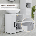 Meuble sous lavabo, meuble de salle de bain avec 2 portes magnétiques style grange et étagères, 60 x 30 x 60 cm, blanc