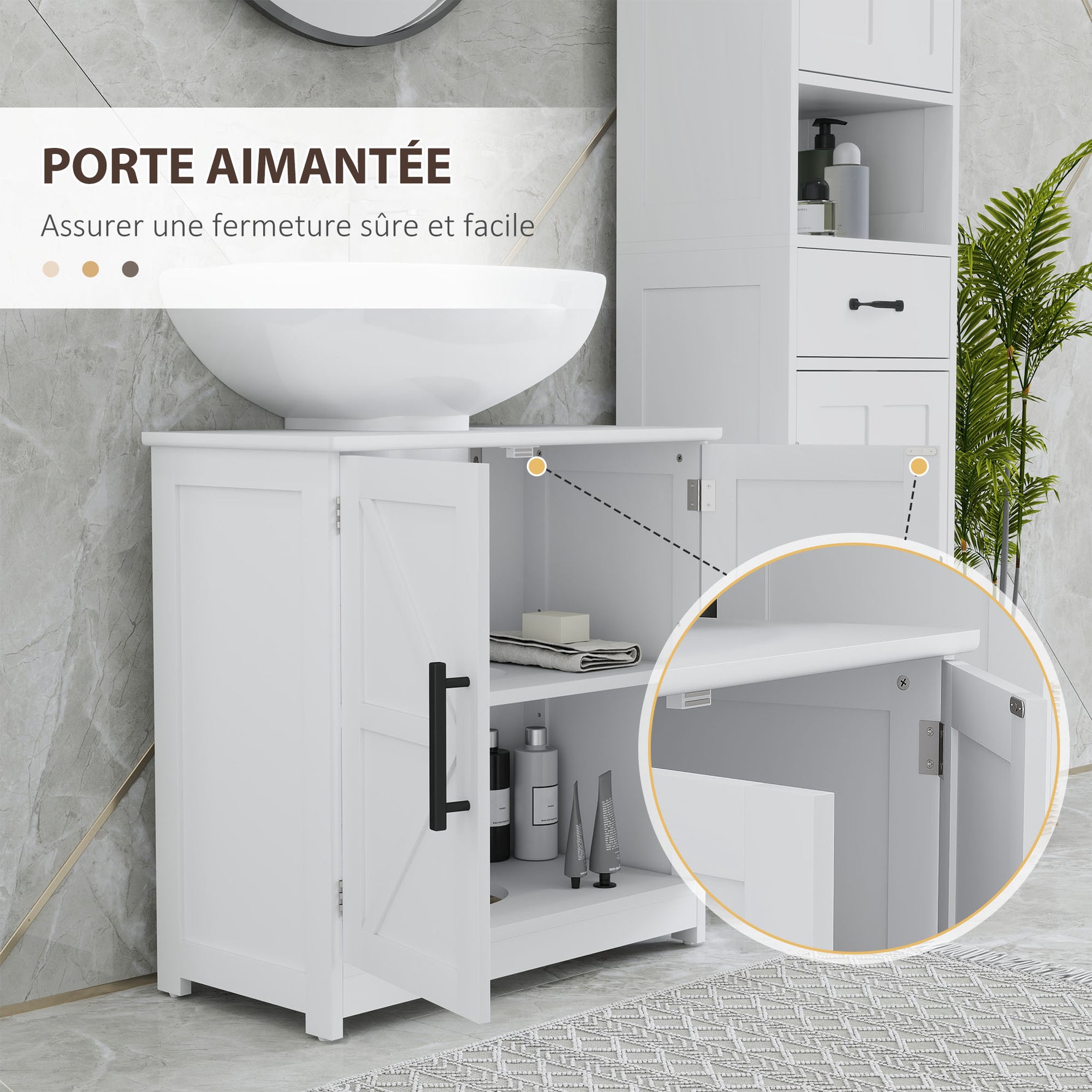 Meuble sous lavabo, meuble de salle de bain avec 2 portes magnétiques style grange et étagères, 60 x 30 x 60 cm, blanc