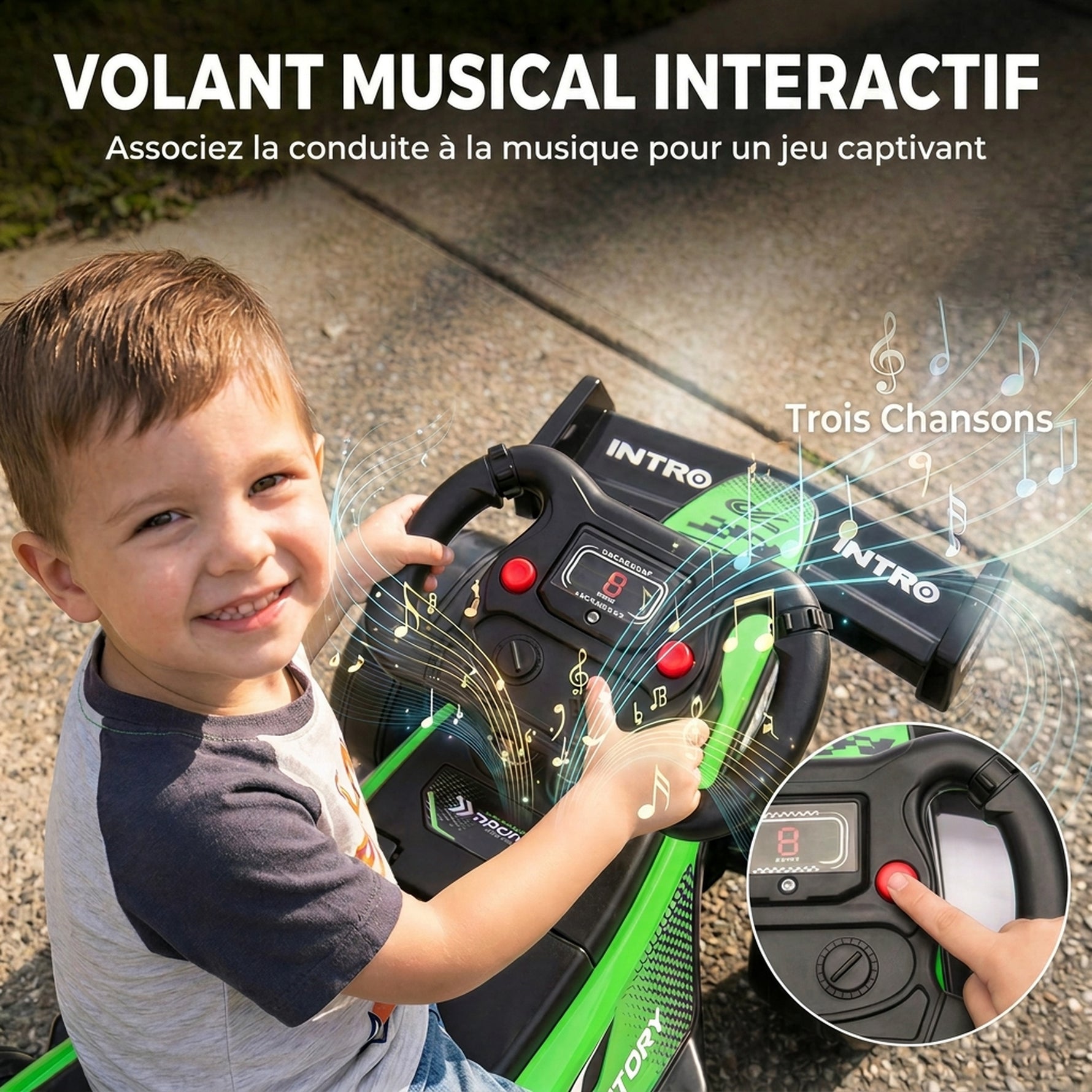 Porteur enfants voiture F1, véhicule à pousser avec volant musical, roues silencieuses et coffre, 18-36 mois, vert