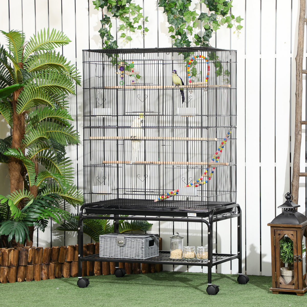 Cage à oiseaux sur pieds roulettes avec 4 mangeoires et 3 perchoirs 79 x 49 x 133 cm noir