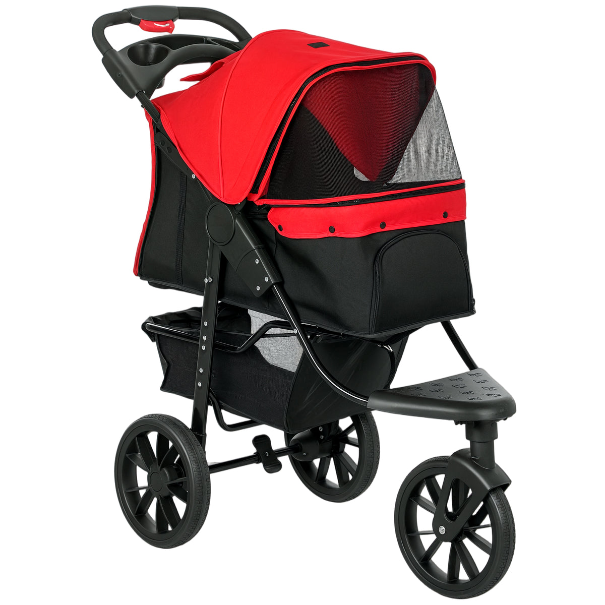 Passeggino per cani carrello pieghevole 3 ruote fuoristrada EVA 12" capottina regolabile 2 guinzagli 109,5x57,5x106,5cm rosso
