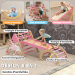 Triangle d'escalade enfants 8 en 1 avec rampe double face, arc d'escalade en bois avec toboggan & échelle, rose