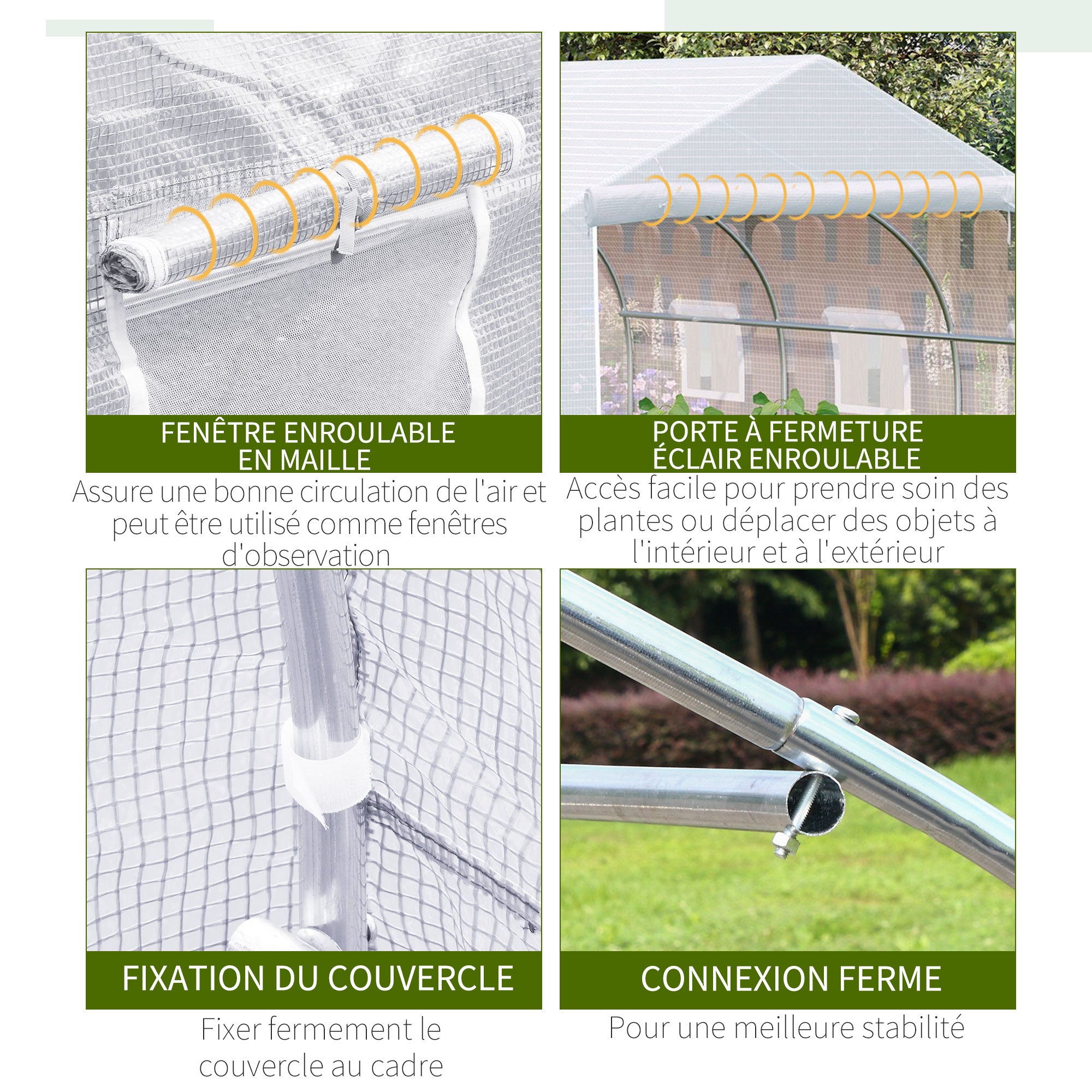 Serra a tunnel da giardino 10,5 m² dim. 3,5L x 3P x 2A m, porta + 6 finestre avvolgibili, acciaio zincato, telo in PE alta densità, bianco