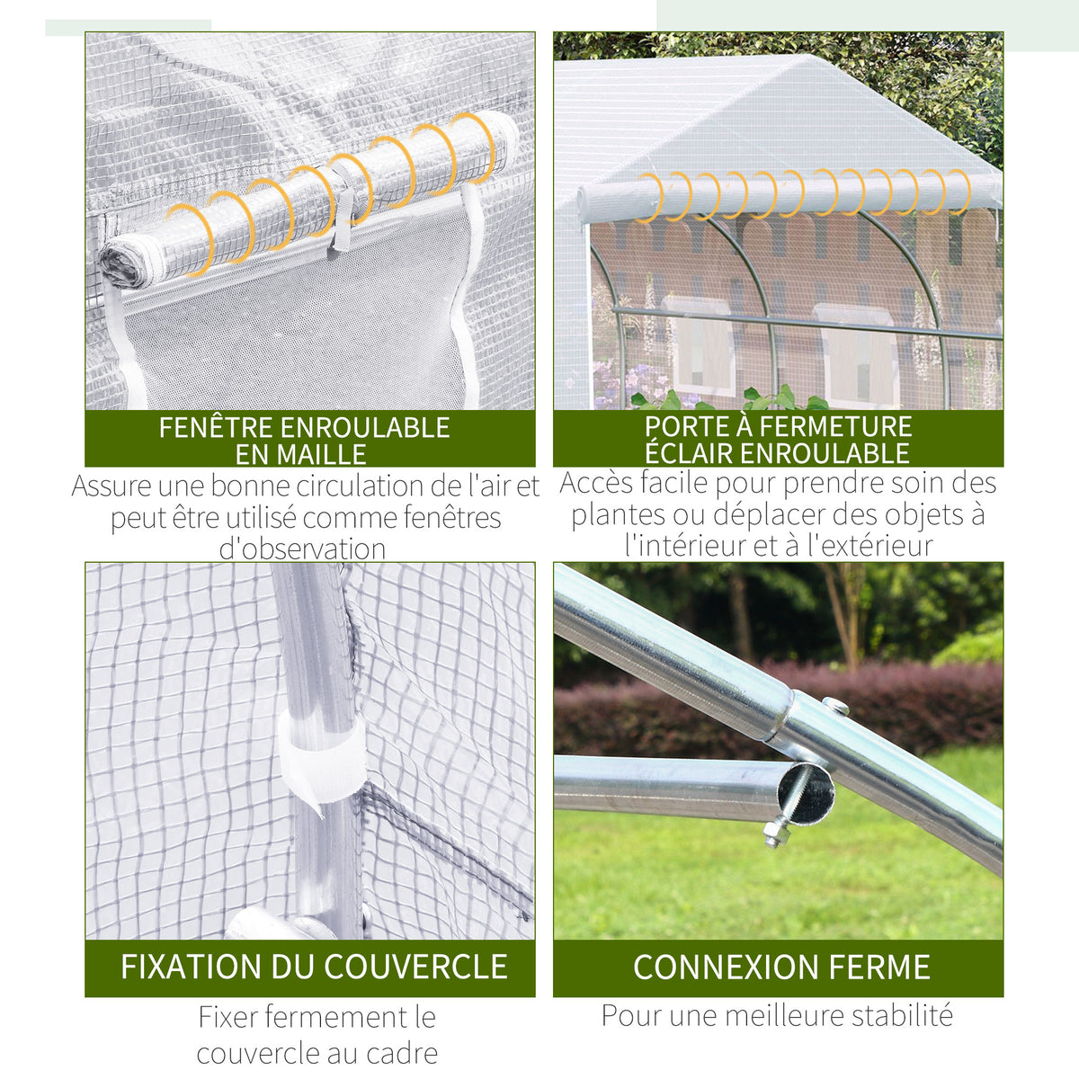 Serre Tunnel de Jardin 10,5 m² dim. 3,5L x 3l x 2H m Porte + 6 fenêtres enroulables Acier galvanisé bâche PE Haute densité Blanc