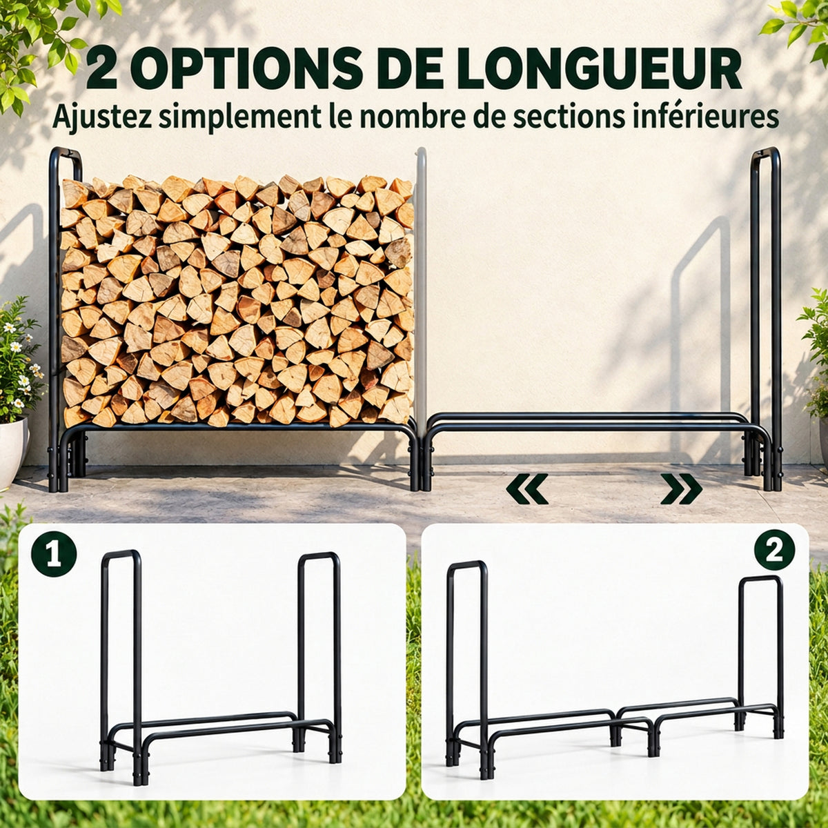 Range buches extérieur, abri buches, avec housse en PE, base surélevée, pour extérieur, 200 x 36 x 99 cm, métal, noir