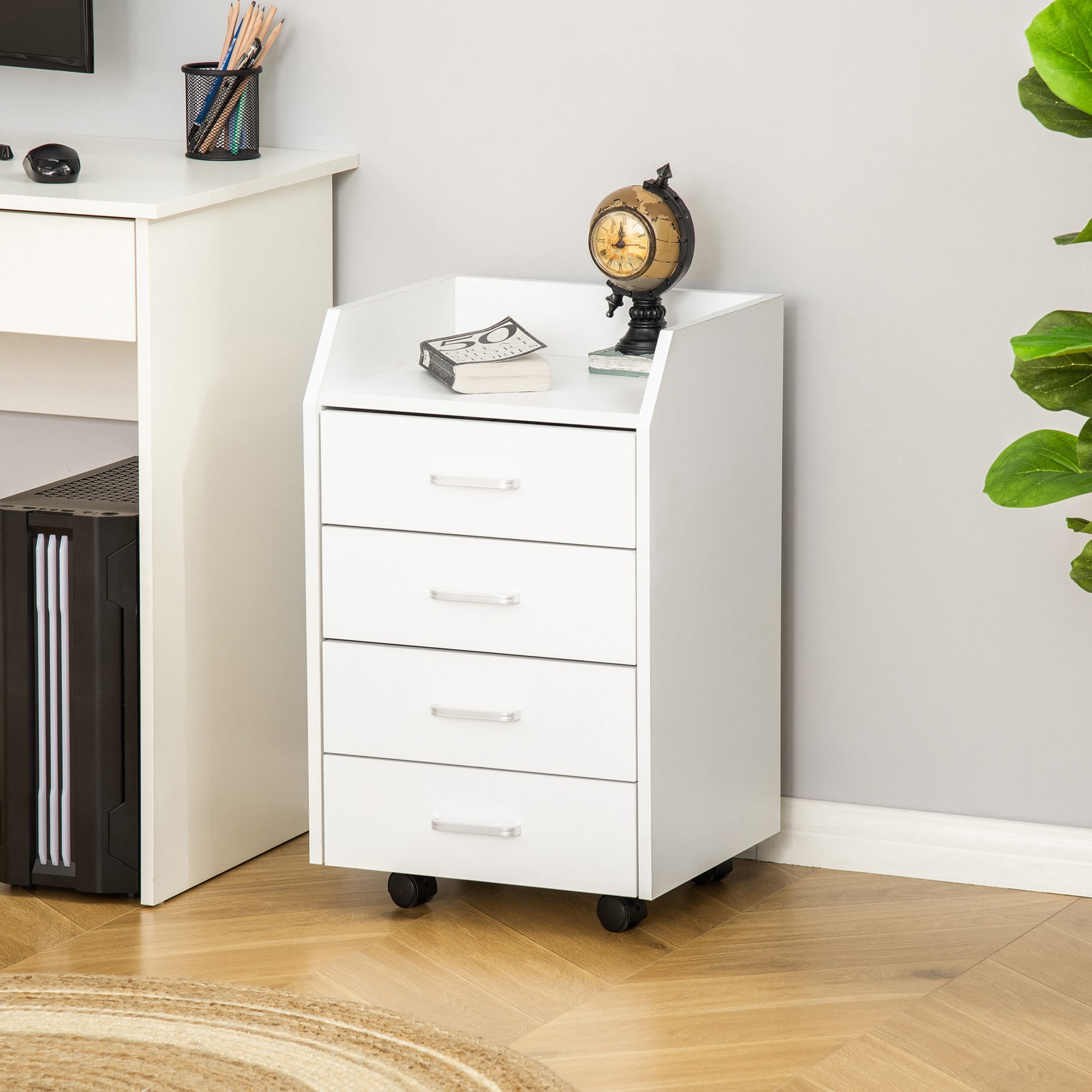 Caisson de bureau rangement sur roulettes 4 tiroirs coulissants MDF et panneaux de particules dim. 40L x 36l x 65H cm blanc