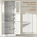Meuble de salle de bain haut, meuble de rangement avec 6 portes dont 2 vitrées et 2 persiennes, étagère réglable, blanc