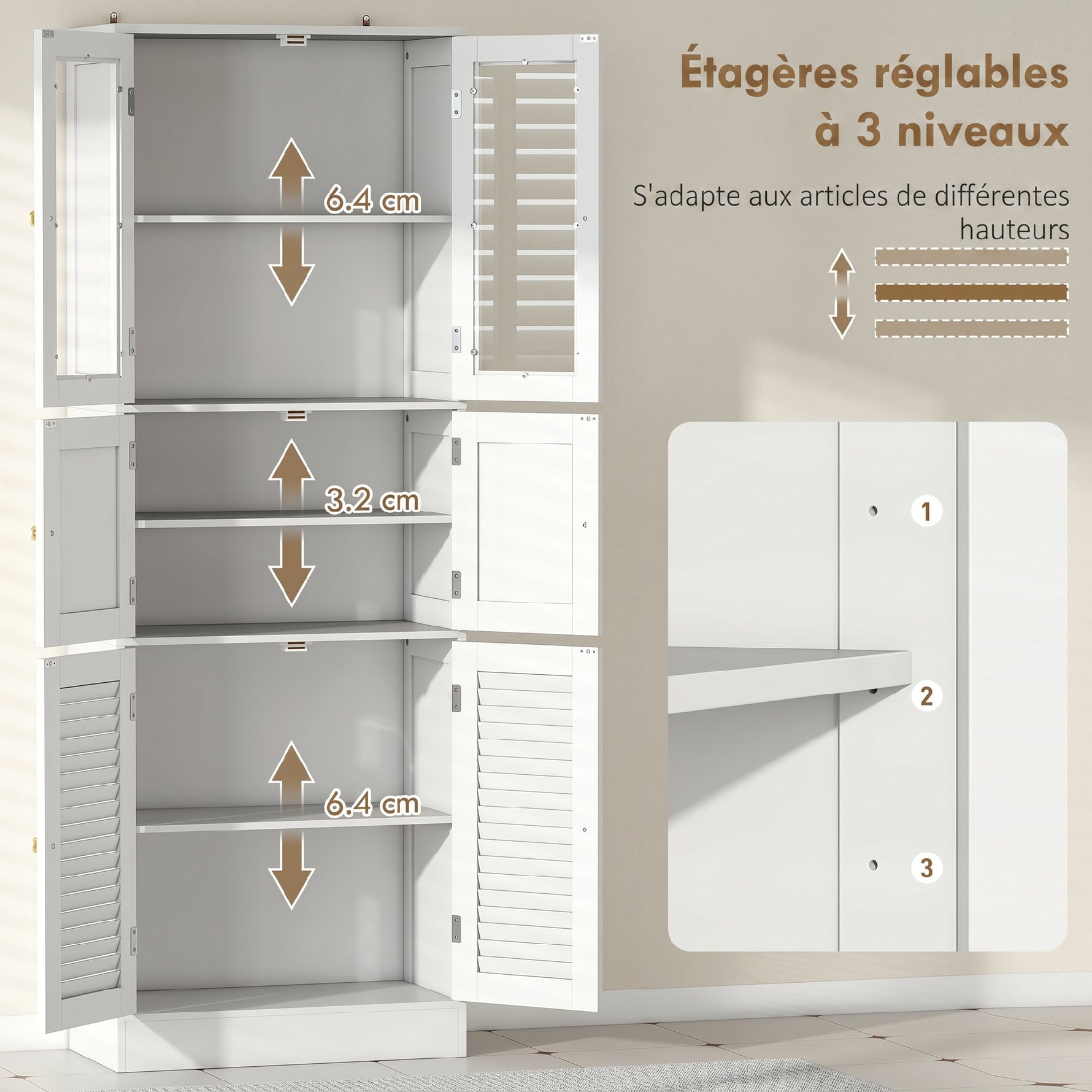 Meuble de salle de bain haut, meuble de rangement avec 6 portes dont 2 vitrées et 2 persiennes, étagère réglable, blanc