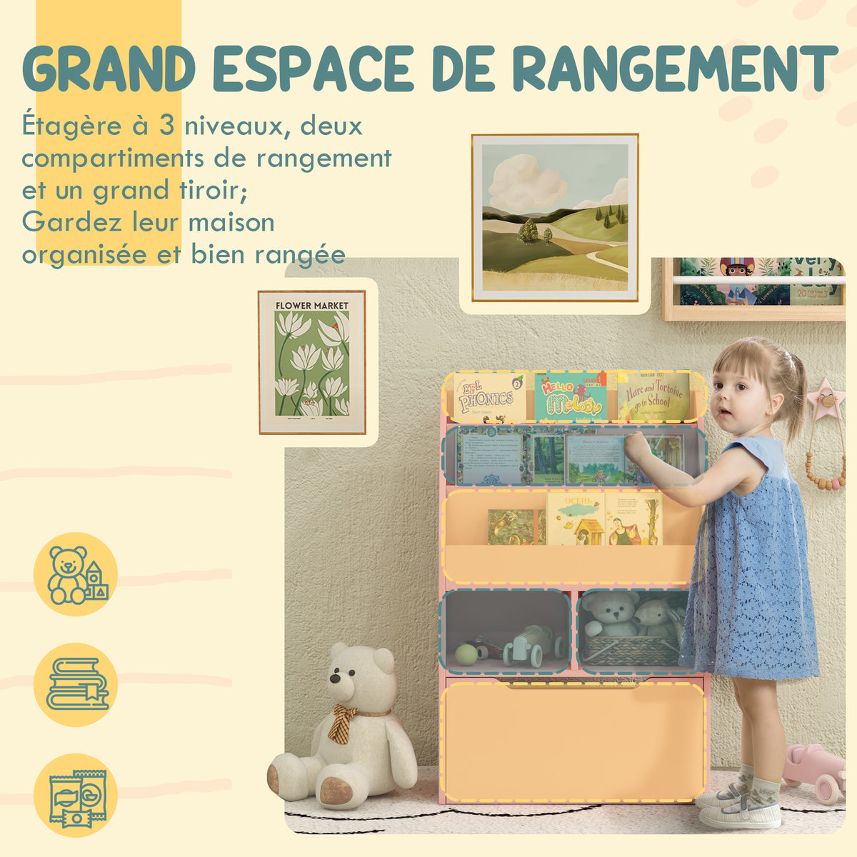 Bibliothèque étagère Multi-Rangement 3 étagères 2 niches Grand tiroir en bois Rose