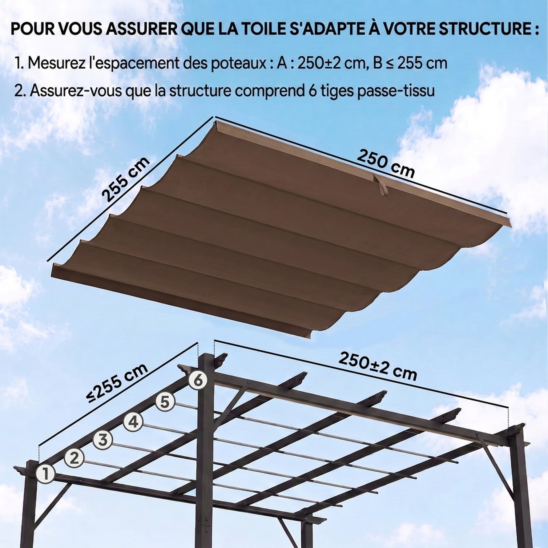 Toile de toit pour pergola tonnelle rétractable de 3 x 3 m - toile uniquement 250 x 255 cm café