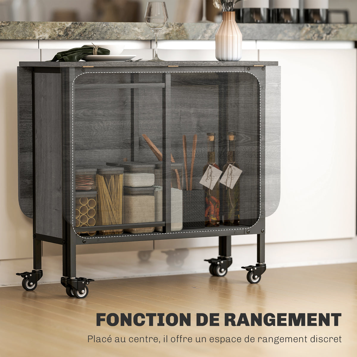Table pliante de cuisine extensible salle à manger sur roulettes jusqu'à 6 personnes étagère intégrée, 6 roues, Gris