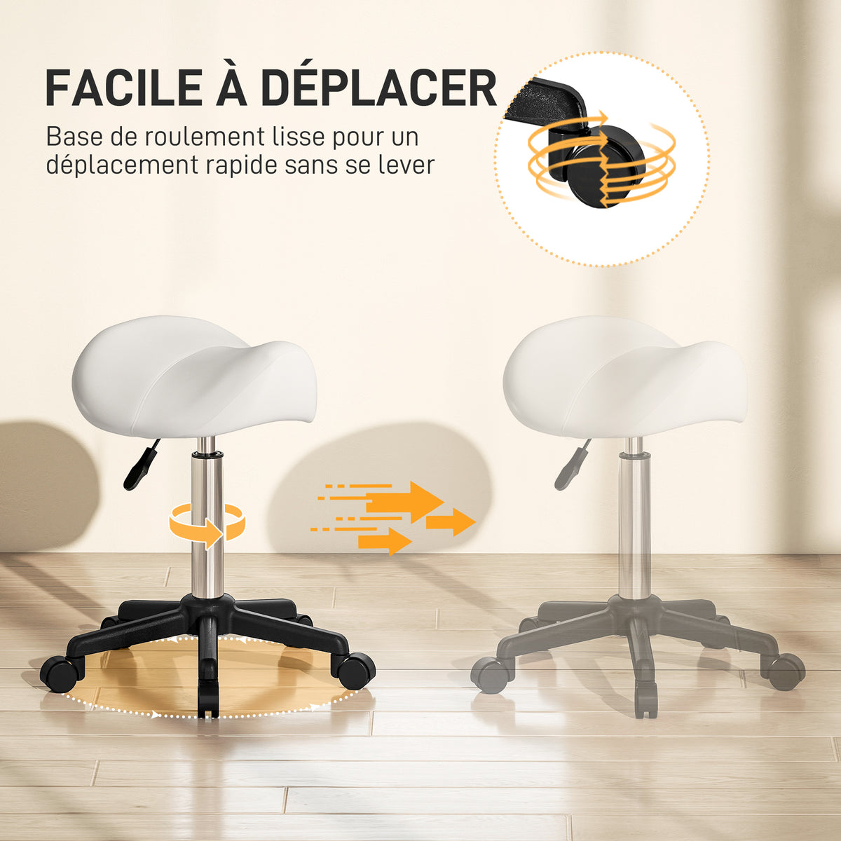 Sgabello con ruote, sedia da lavoro con altezza regolabile 45-57 cm e sedile ergonomico, 48x47x45-57 cm, bianco