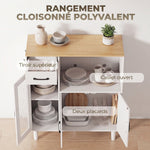 Buffet cuisine, meuble de rangement avec tiroir, 3 portes dont 1 en acrylique cannelée, étagère ouverte, blanc et chêne