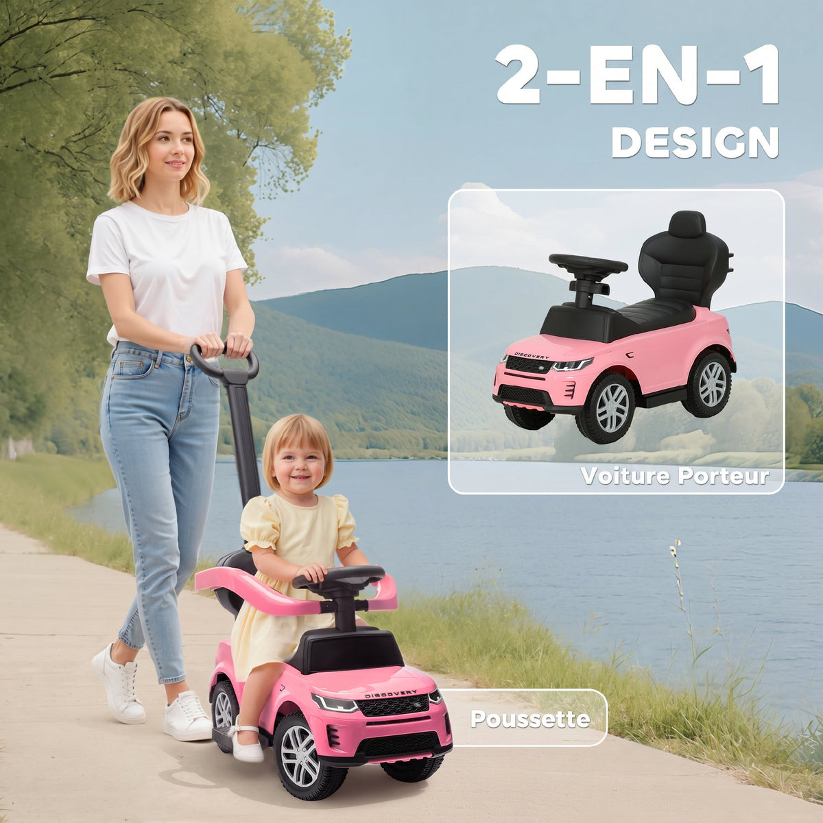 Porteur enfants Land Rover Discovery sous licence, porteur voiture à pousser avec poignée amovible, 84x40x94,5cm, rose