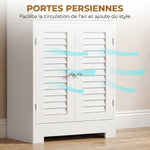 Meuble de salle de bain haut, meuble de rangement avec 6 portes dont 2 vitrées et 2 persiennes, étagère réglable, blanc