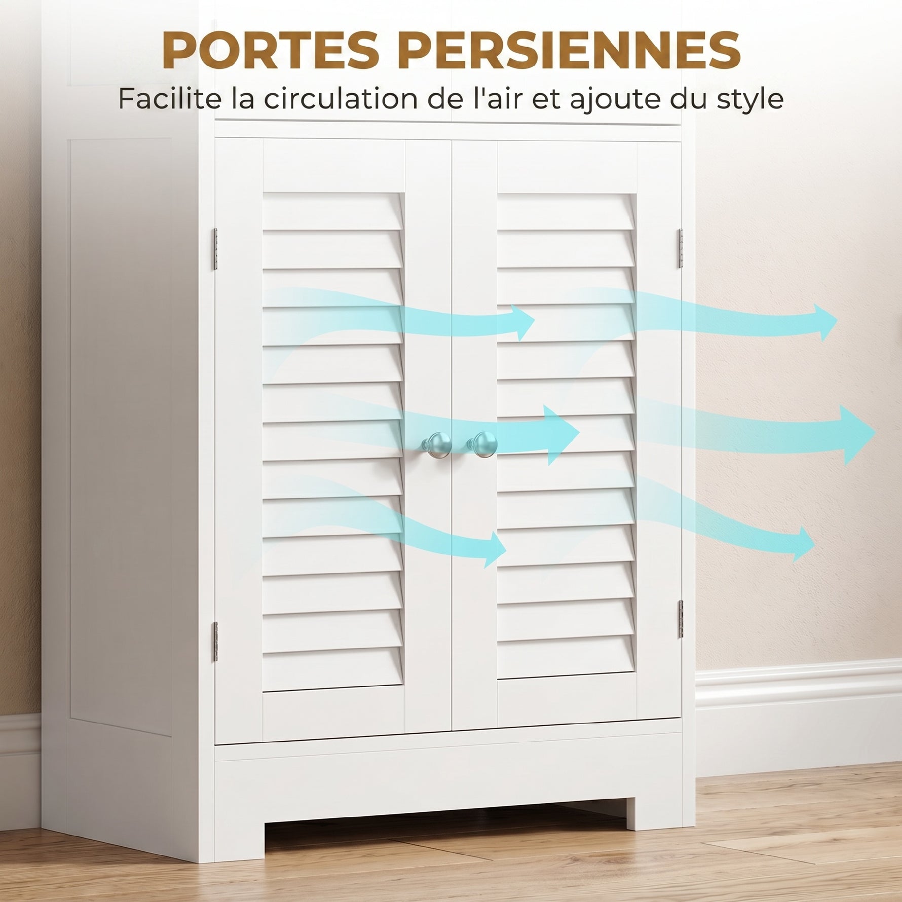 Meuble de salle de bain haut, meuble de rangement avec 6 portes dont 2 vitrées et 2 persiennes, étagère réglable, blanc