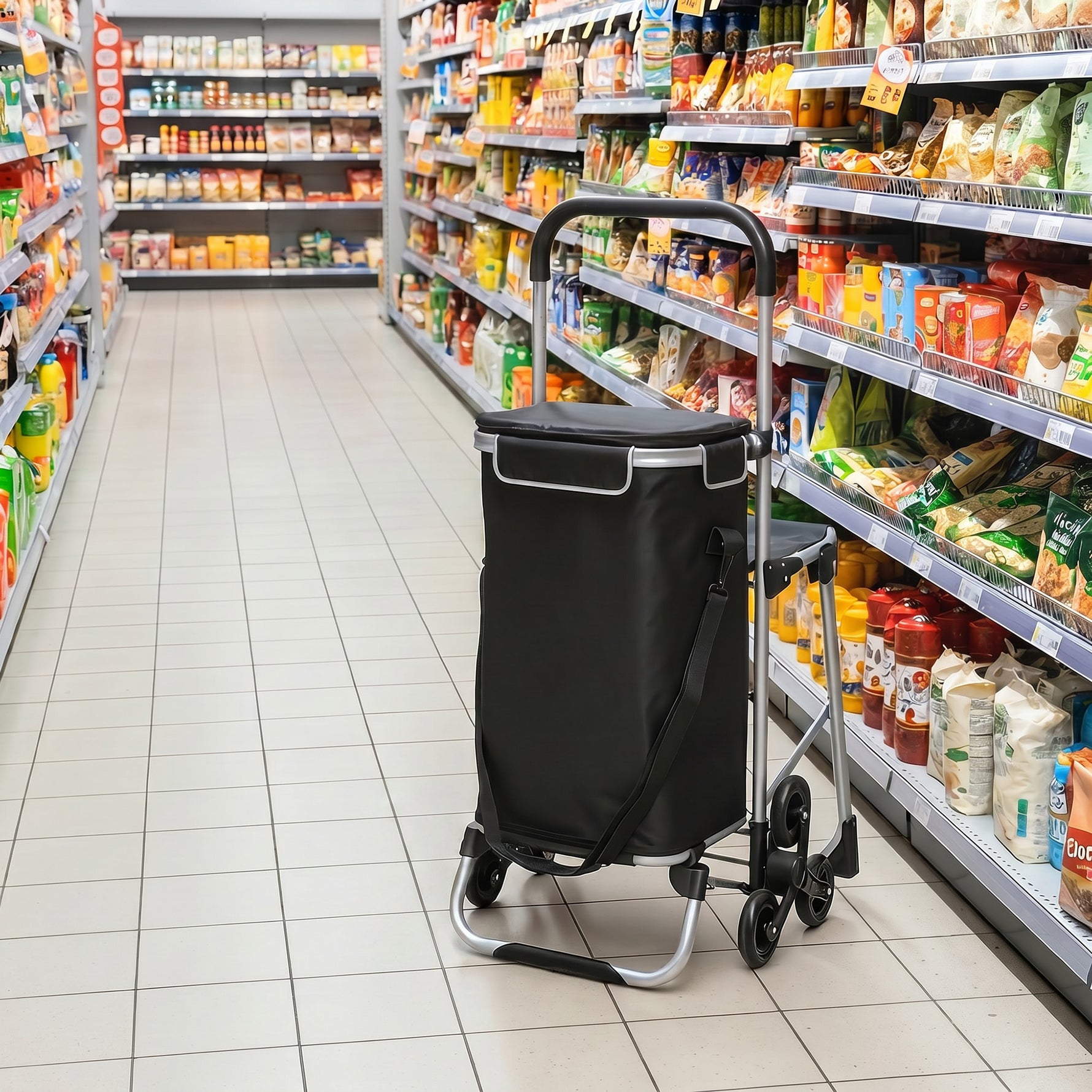 Chariot de courses pliable caddie de courses portable à roulettes avec siège pliable, sac amovible, 46x59,5x97cm, noir
