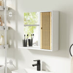 Armoire de salle de bain avec miroir, étagère, porte à lattes en bambou et étagère réglable, blanc