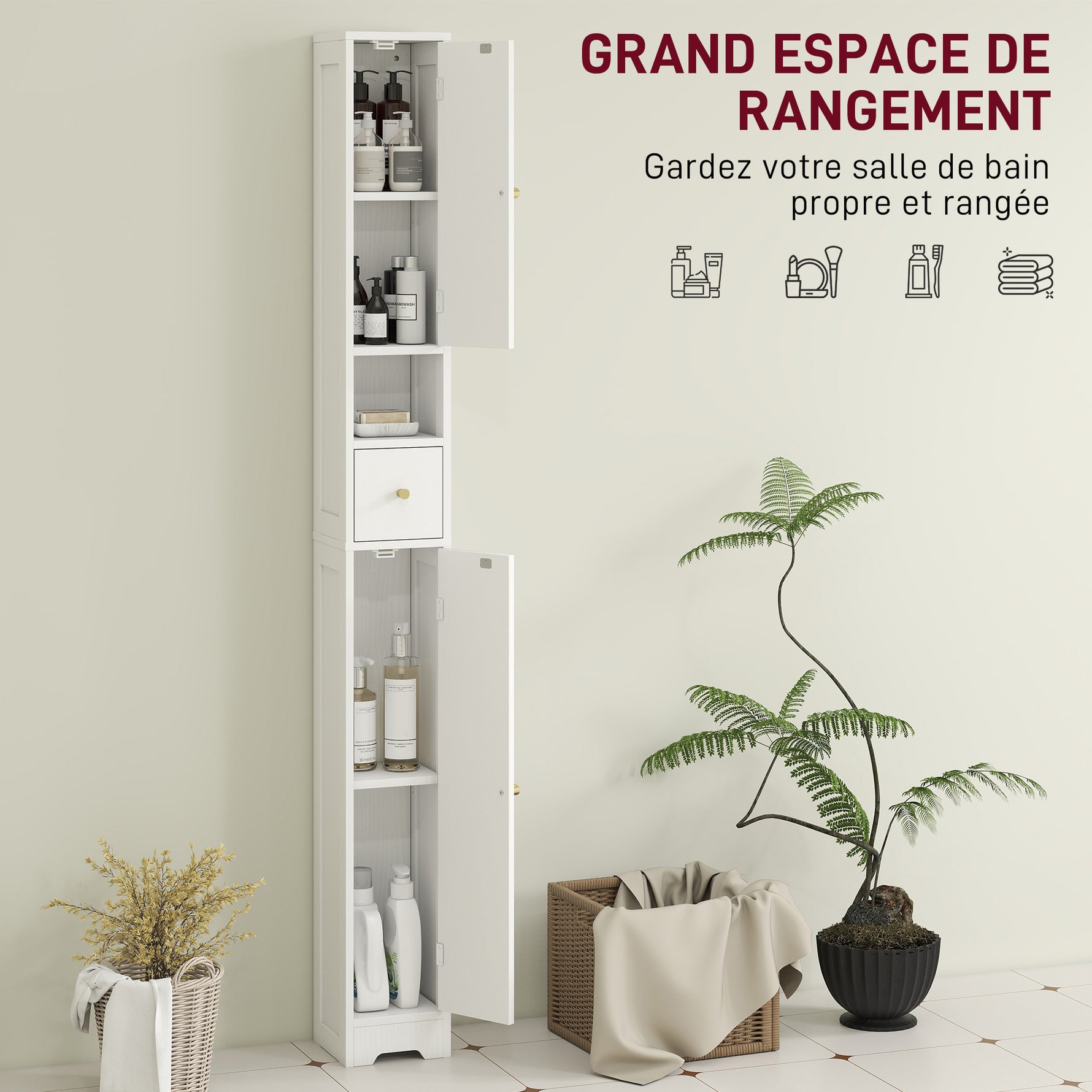 Meuble colonne salle de bain, meuble de rangement, 2 portes, tiroir, compartiment ouvert, étagère réglable, blanc