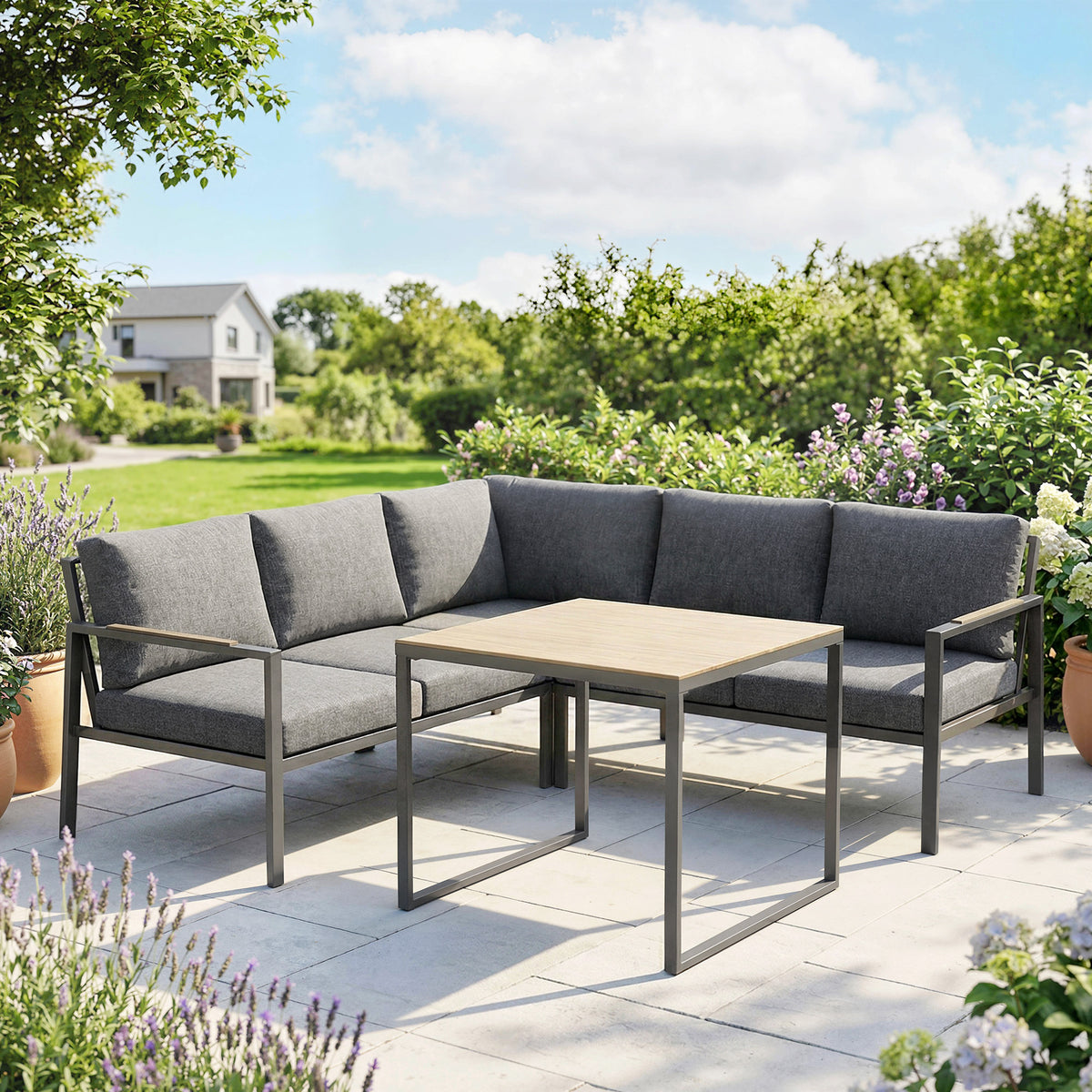 Salon de Jardin Extérieur 3 Pièces 5 Personnes, 2 Canapés avec Coussins Épais, 1 Table Basse, 183x183x72cm, Gris Foncé