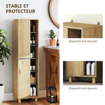 Meuble colonne salle de bain, armoire de salle de bain avec 6 compartiments ouverts et 2 placards, bois naturel