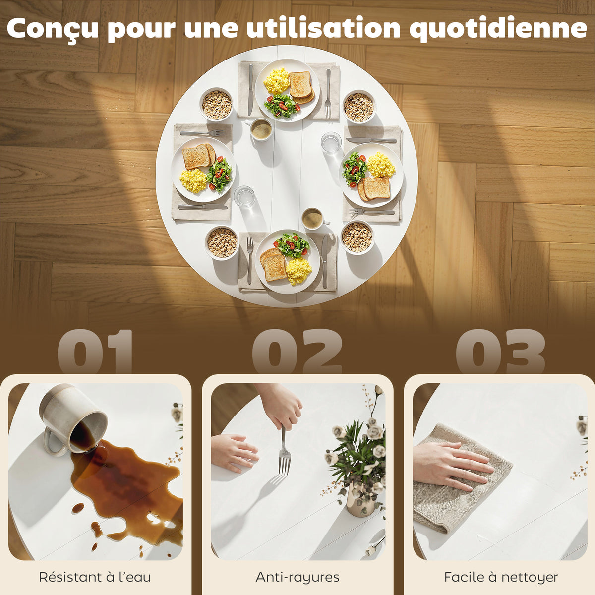 Tavolo da pranzo pieghevole, tavolo da cucina rotondo Ø 80 cm per 4 persone con 2 ribalte, gambe in acciaio, bianco