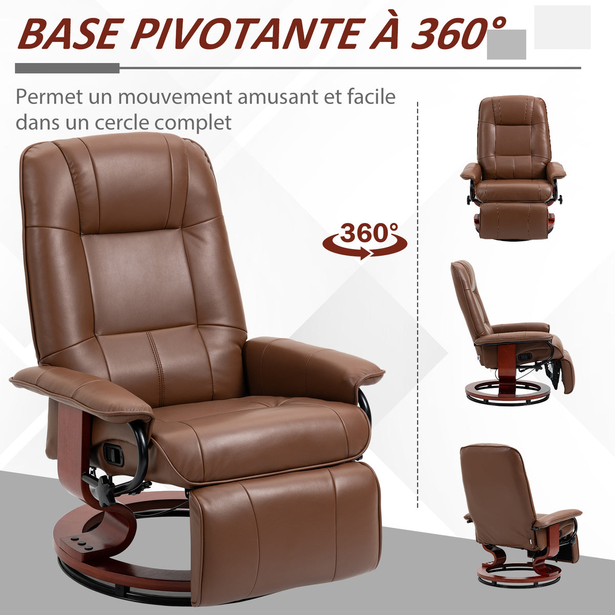 Fauteuil relax inclinable repose-pieds réglable pivotant 360° piètement bois revêtement PU respirant et doux marron