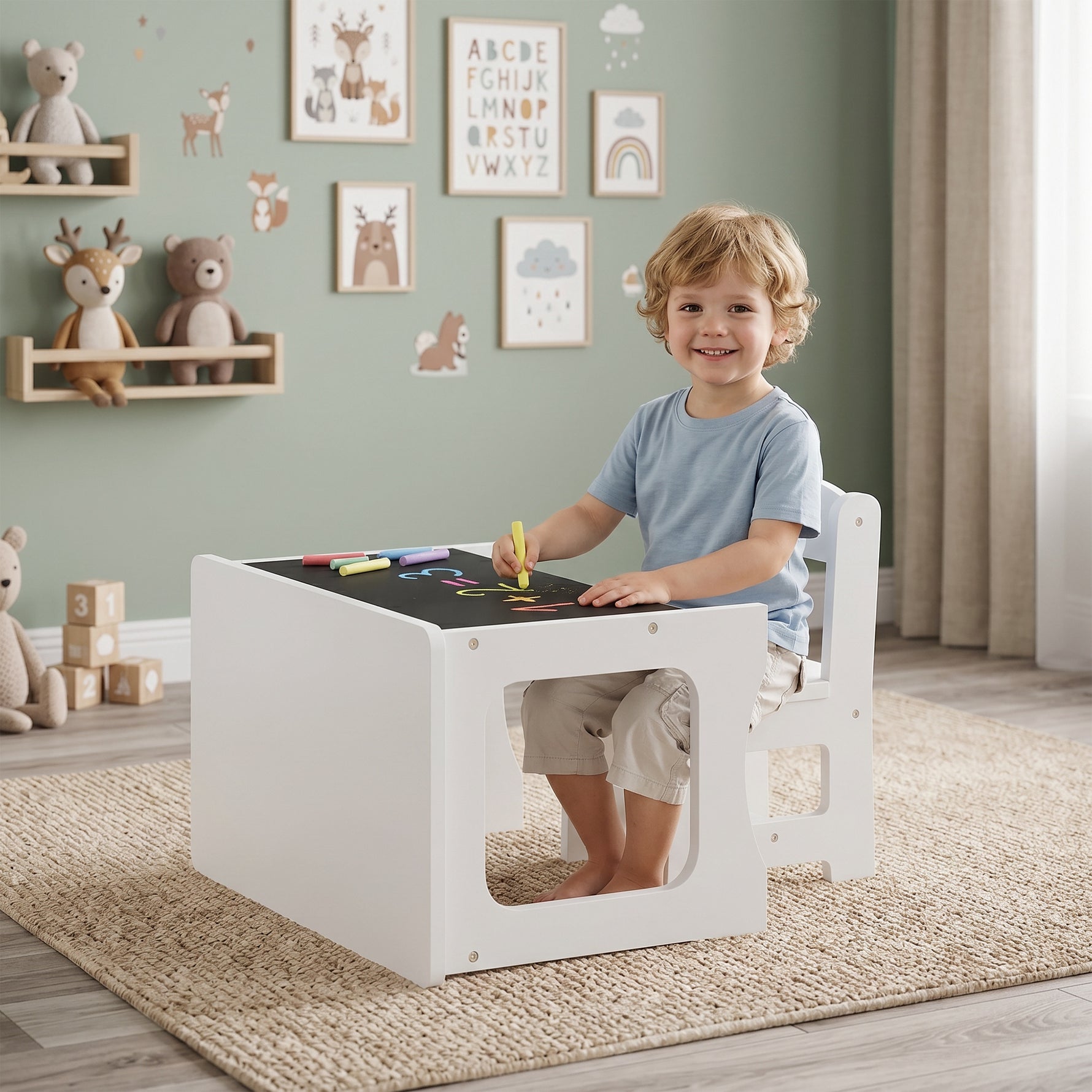 Bureau et Chaise pour Enfant avec Plateau Réversible Tableau Noir, 3 à 6 Ans, Blanc