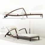 Bain de soleil, chaise longue en résine tressée avec dossier réglable, roulettes, coussin et accoudoirs, marron et beige