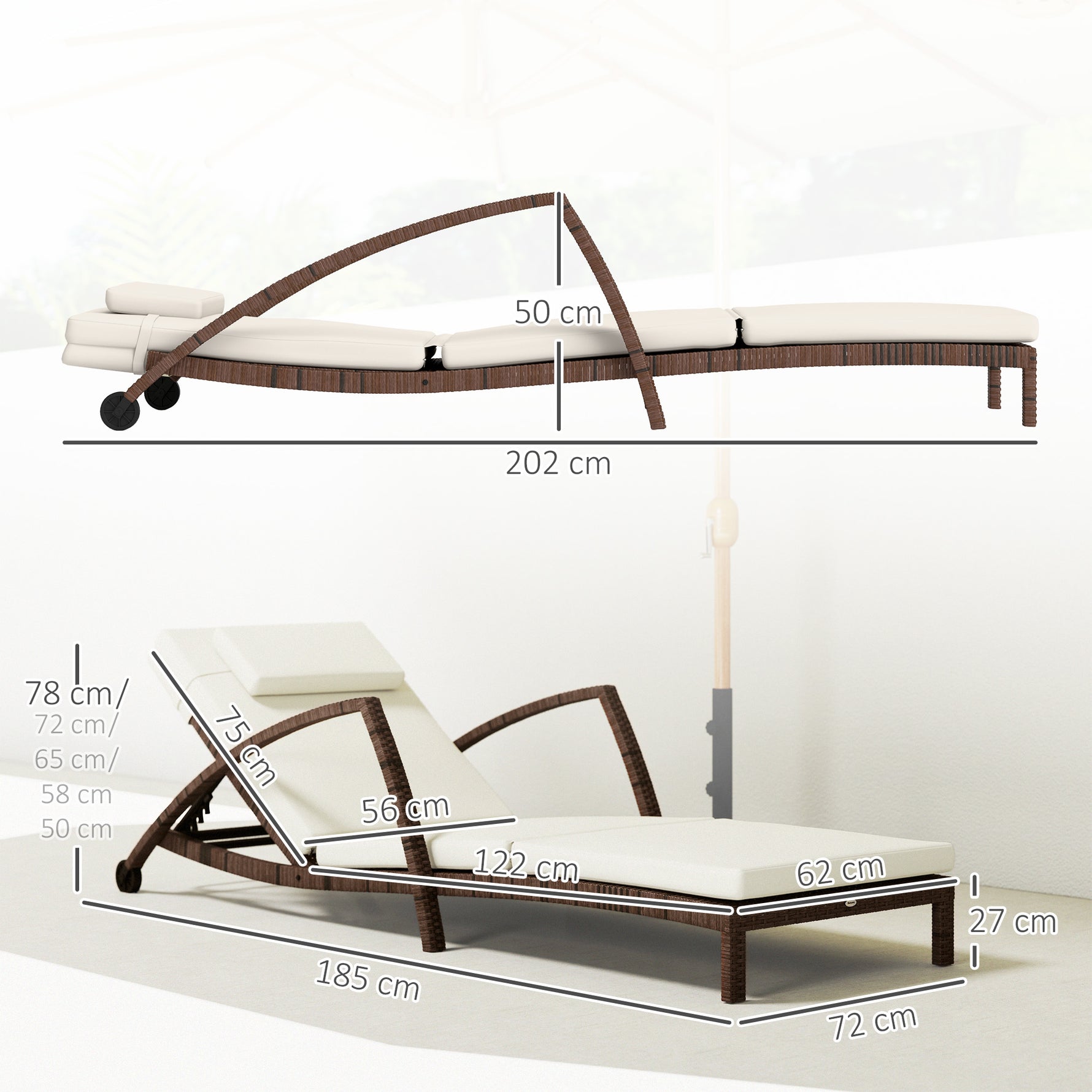 Bain de soleil, chaise longue en résine tressée avec dossier réglable, roulettes, coussin et accoudoirs, marron et beige