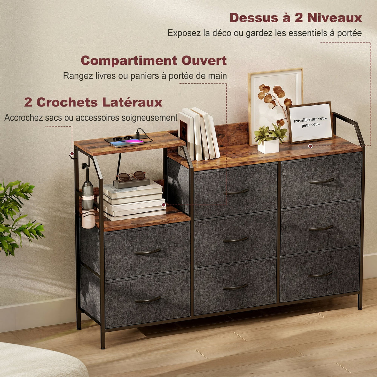 Commode, meuble de rangement avec station de recharge, 8 tiroirs en tissu, étagère ouverte, 130,5x30x88cm, marron