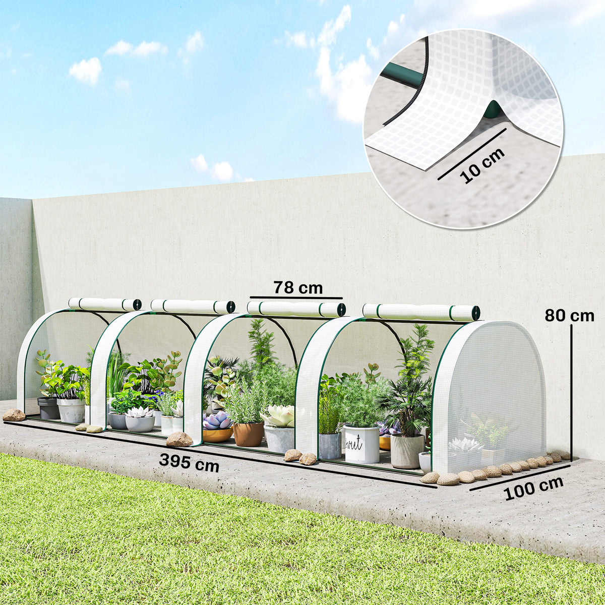 Mini serre de jardin serre à tomates 4 x 1 x 0,80 m acier PE anti-UV 4 portes avec zip enroulables blanc
