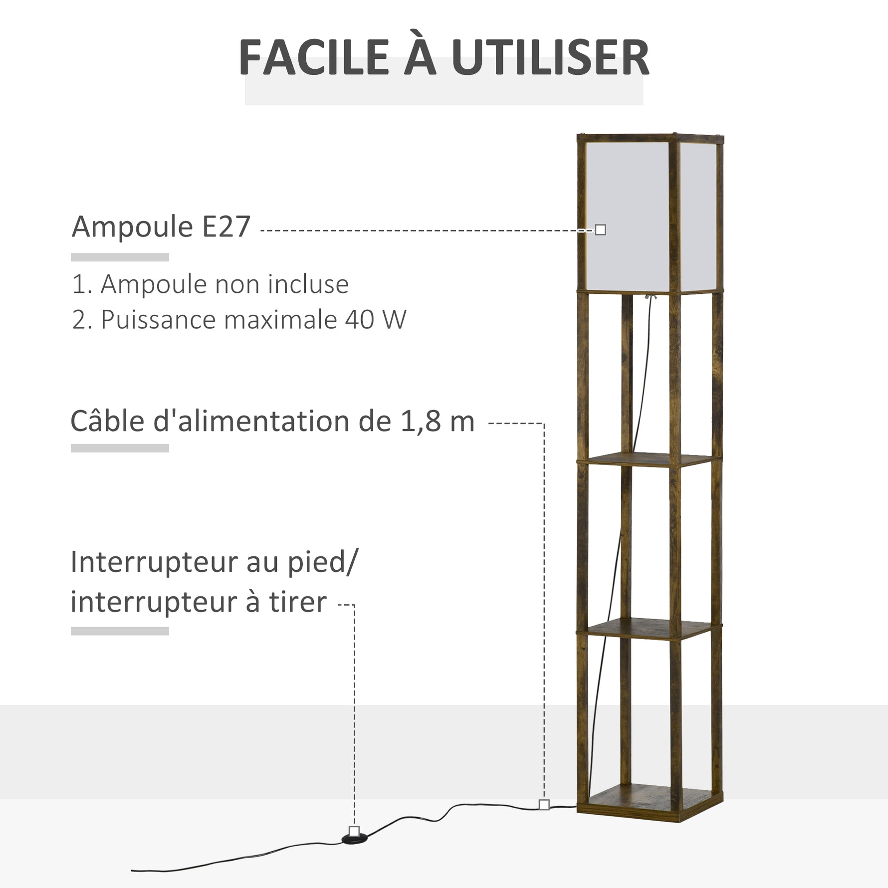 Lampadaire étagère Lampe étagère 26L x 26l x 160H cm 3 étagères 4 Niveaux MDF Blanc et Marron