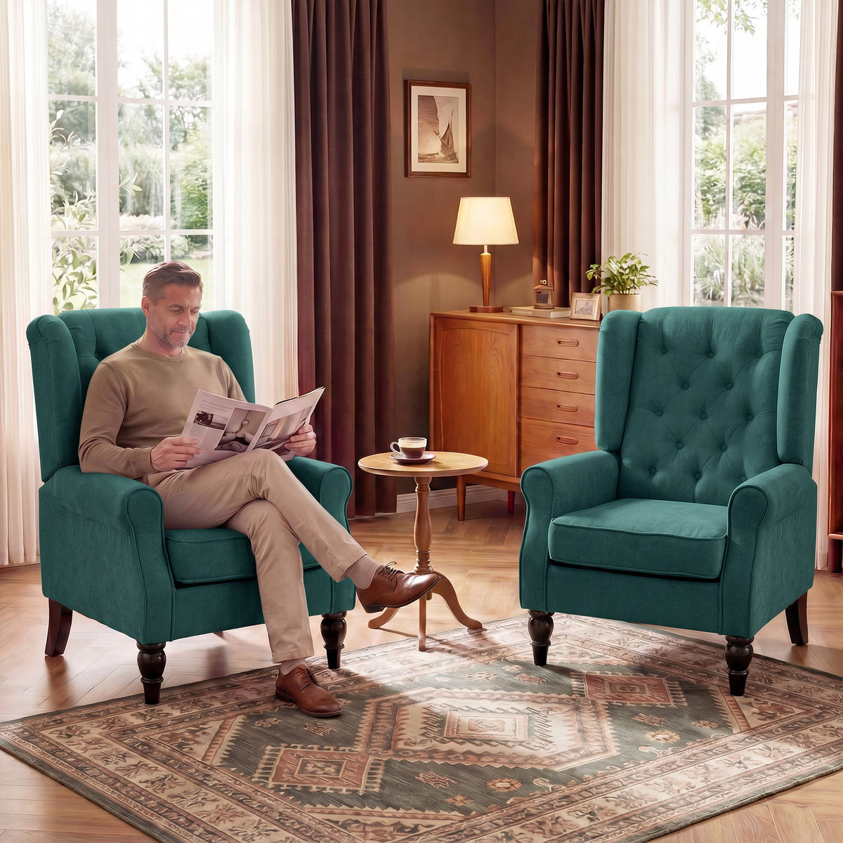 Gecapitonneerde salonfauteuil met brede zitting, houten poten, klassieke stijl, hoog comfort, 74 x 86 x 102 cm, groen