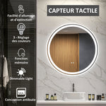 Miroir rond lumineux LED de salle de bain Ø 80 cm mural avec éclairage 3 couleurs interrupteur tactile 46W blanc argent