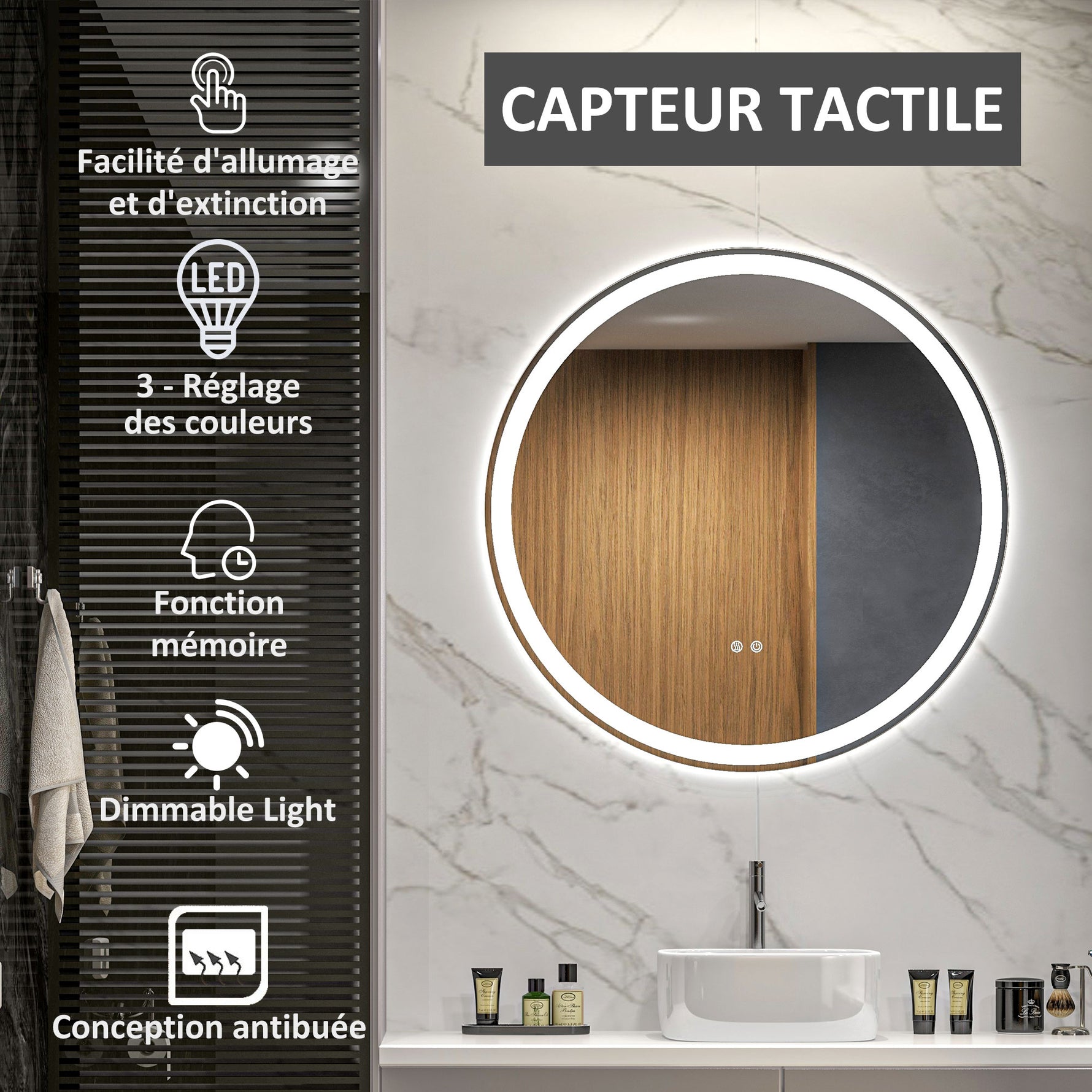 Miroir rond lumineux LED de salle de bain Ø 80 cm mural avec éclairage 3 couleurs interrupteur tactile 46W blanc argent