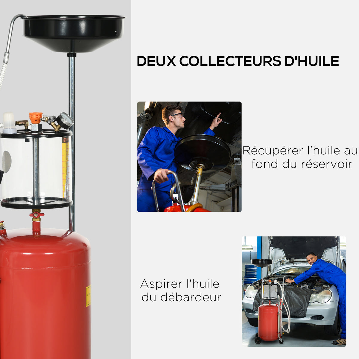 Récupérateur d'huile de vidange portable 2-en-1 avec hauteur réglable et vidangeur d'huile pneumatique de 80L