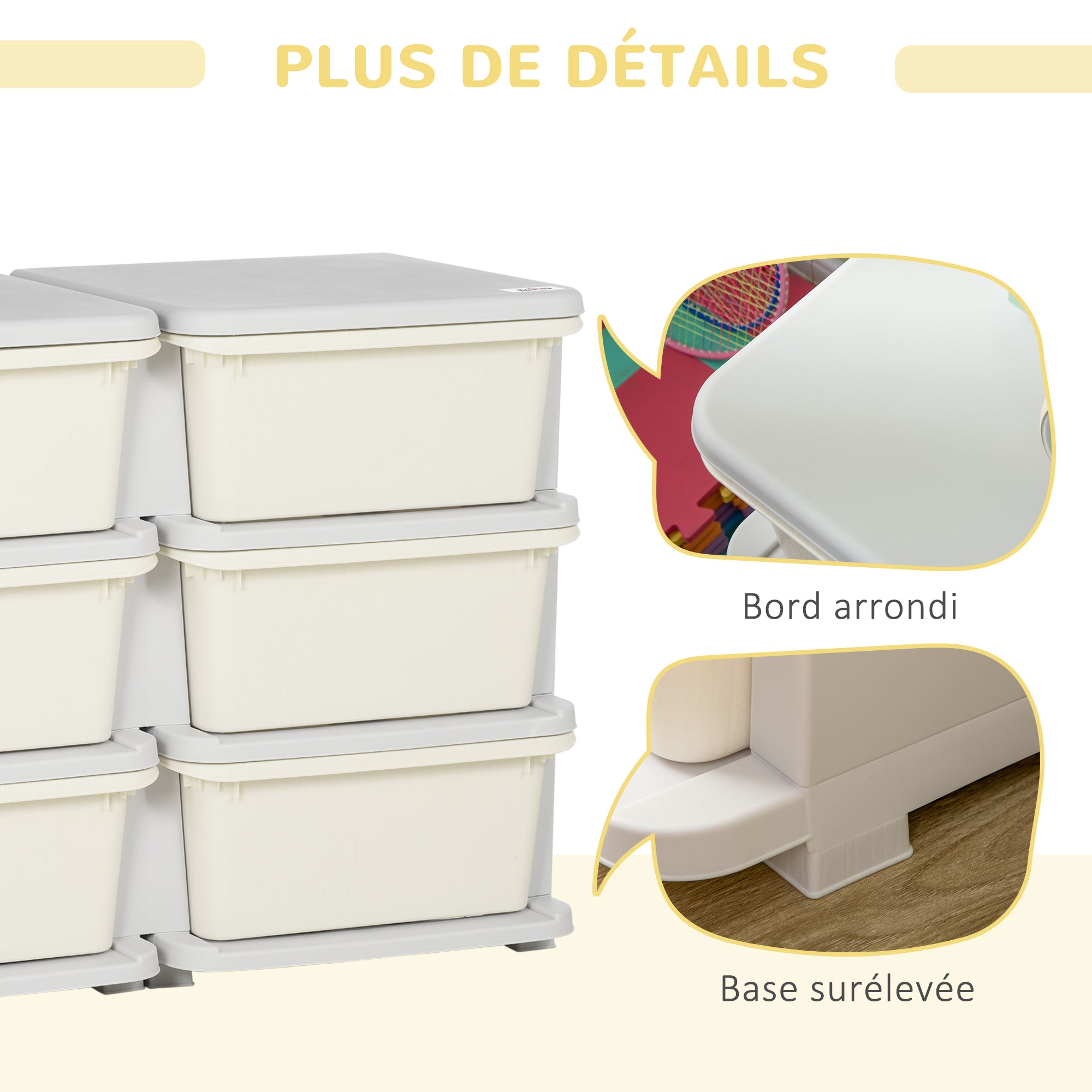 Organisateur de jouets pour enfants à 3 niveaux avec 6 tiroirs, boîtes de rangement en plastique, 75x37x56,5cm, crème